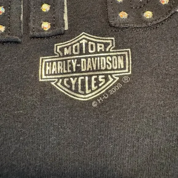 Vintage 2003 Bedazzled Harley Davidson Black Cotton Baby Tee Made in USA Large - Picture 3 of 7